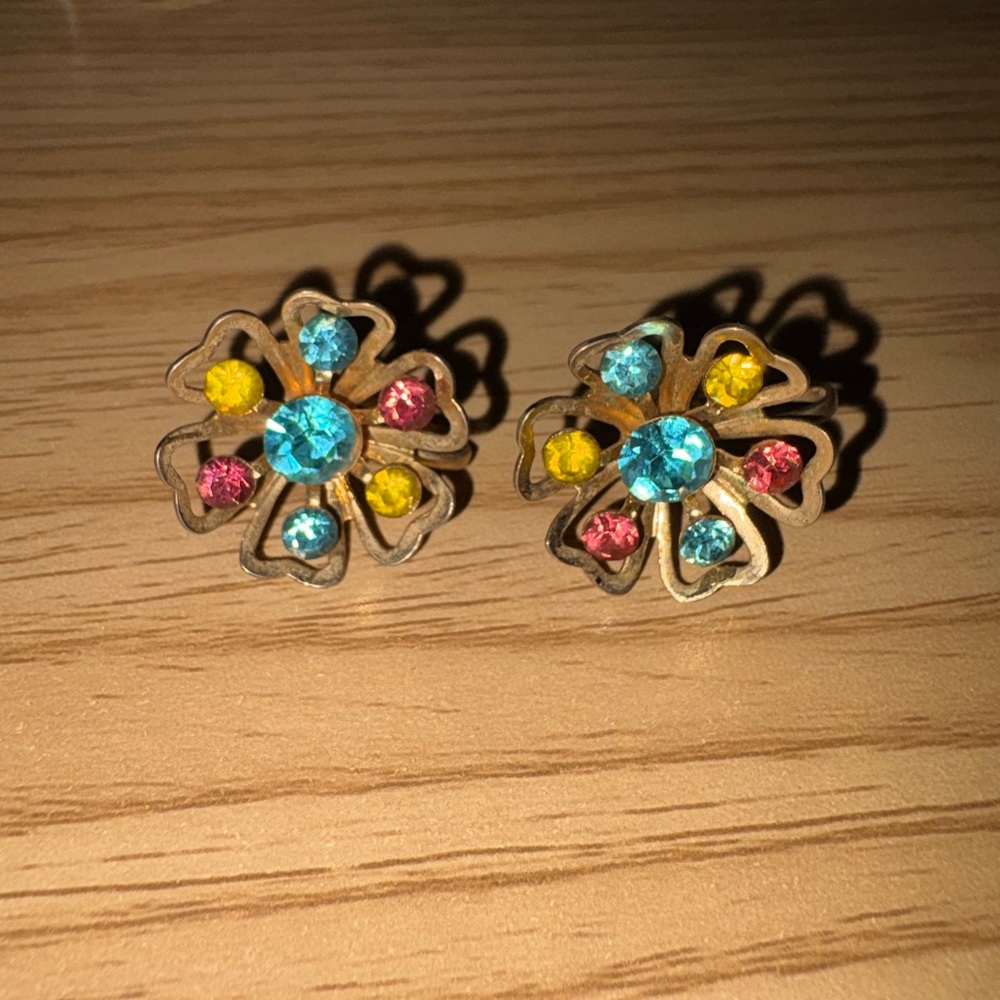 Vintage Coro Colorful Rhinestone Flower Clip On Earrings Gold Tone